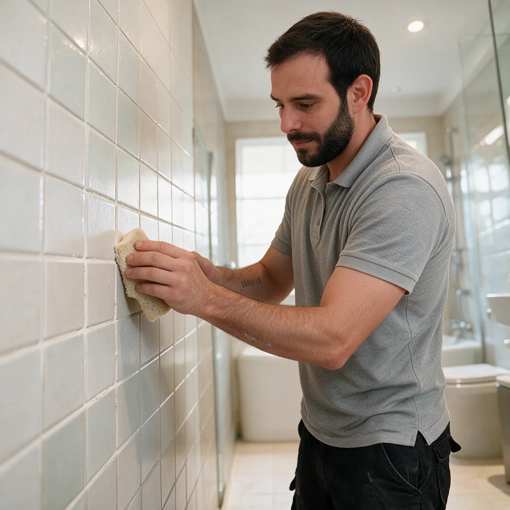 Rénovation de salle de bains à Léré — Hugo, artisan Global Rénovation Ouest, au travail sur la faïence